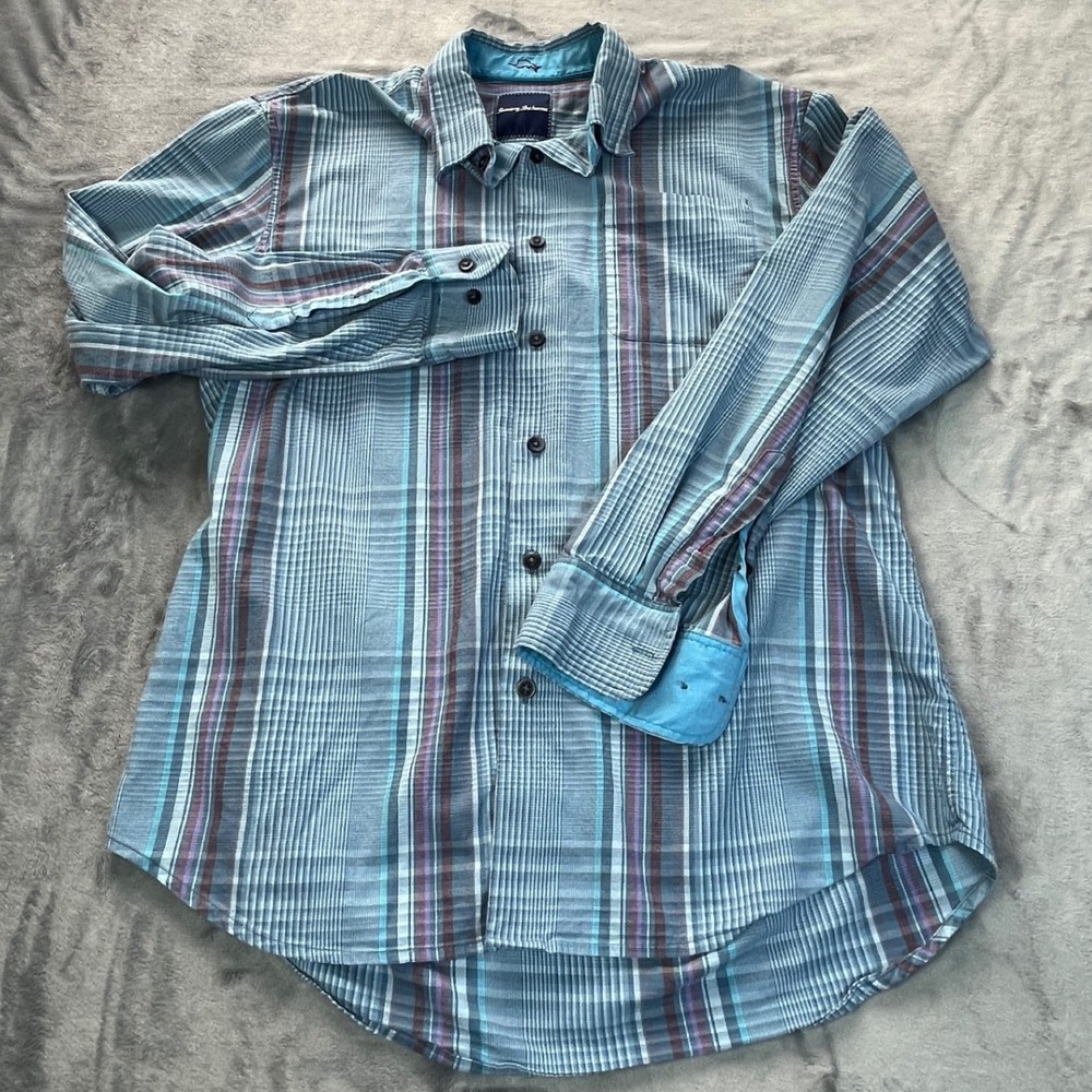 Tommy Bahama Mens Blue Plaid Cotton Silk‎ Blend Long Sleeve Button Down Shirt M